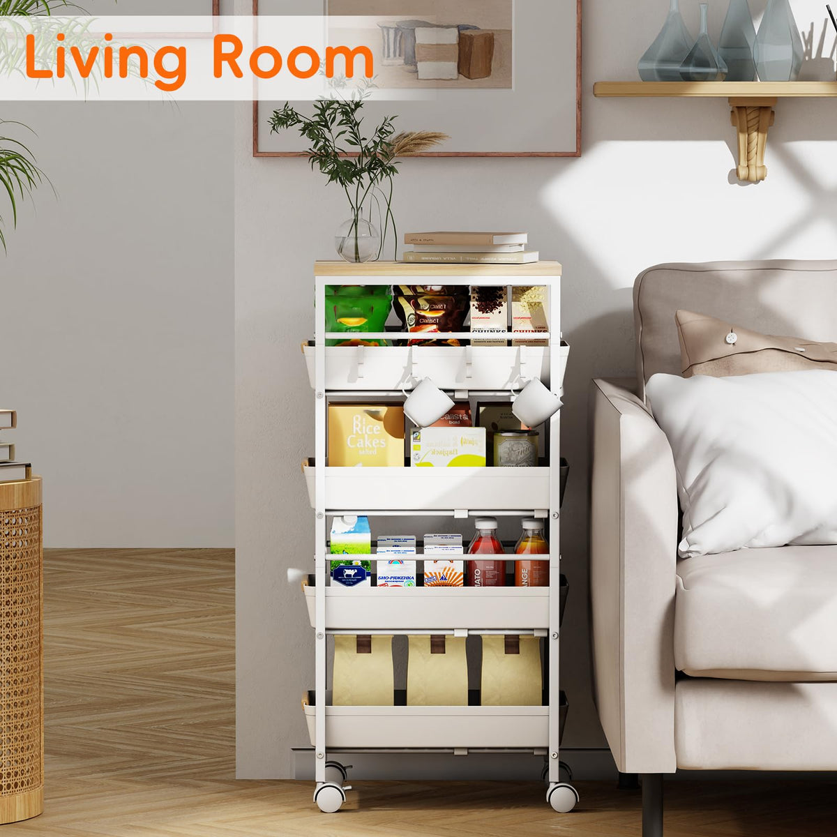 Landmok 5-Tier Kitchen Storage Cart, Wood Top Rolling Cart Organizer with Pull-Out Baskets &