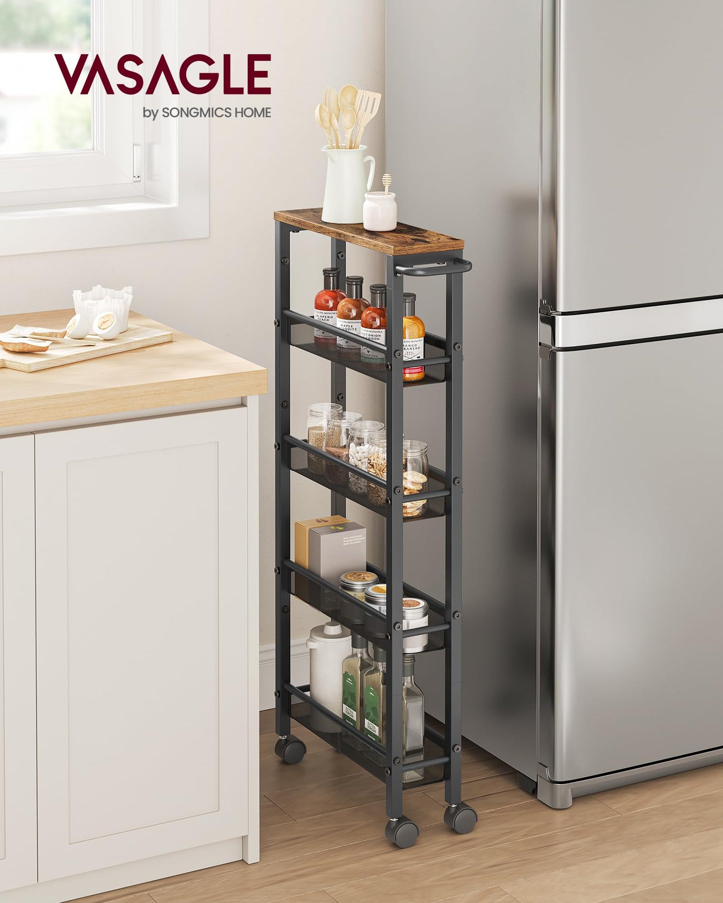 VASAGLE 5-Tier Slim Rolling Storage cart with Wheels, 5.1 Inches, Metal