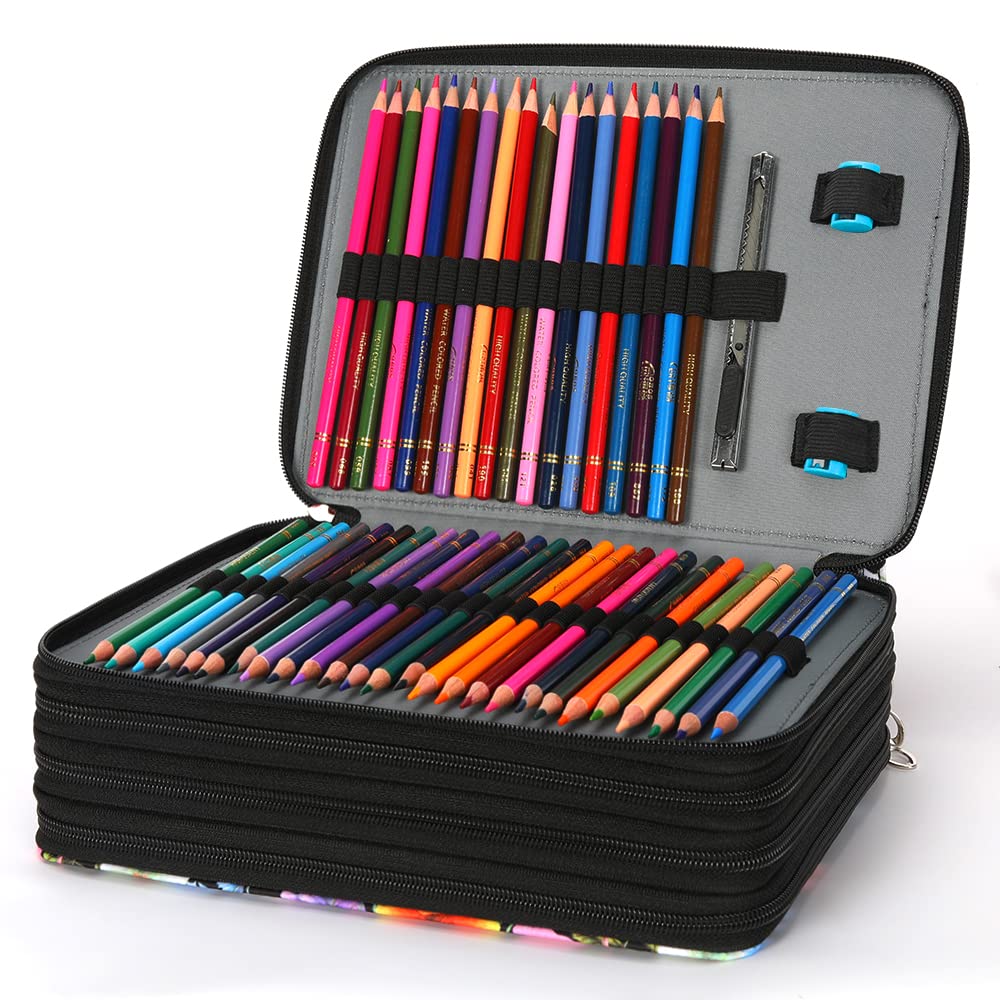 Vomgomfom 200 Slots Pencil Case 4-Layer PU Leather, Handle, Black Flower