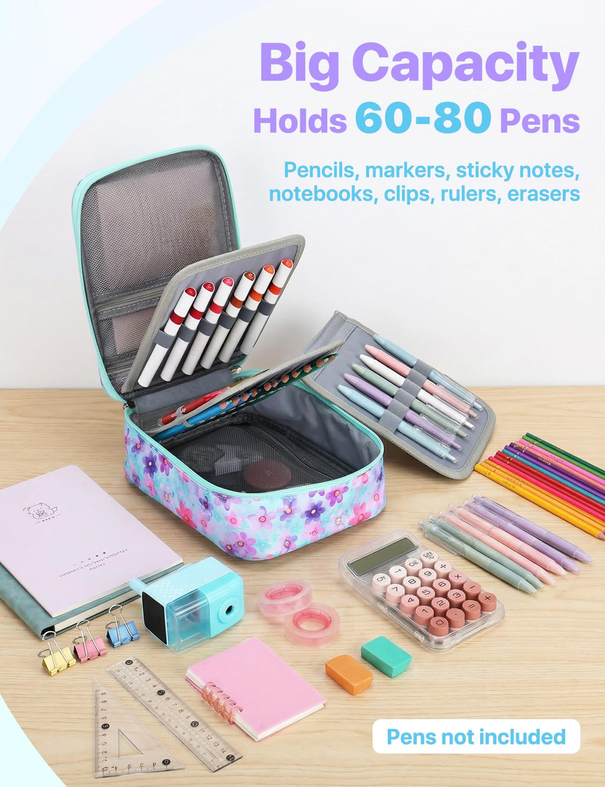 Kasqo Large Pencil Case, 54-Slot Pen Marker Organizer with 5 Layers, Floral