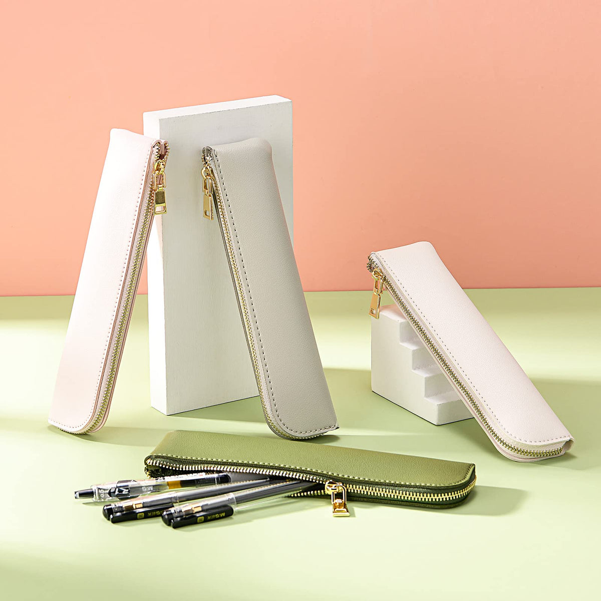Sluxa Pencil case, Green PU leather pen case,Small pencil bag,Pen organizer for adults.…