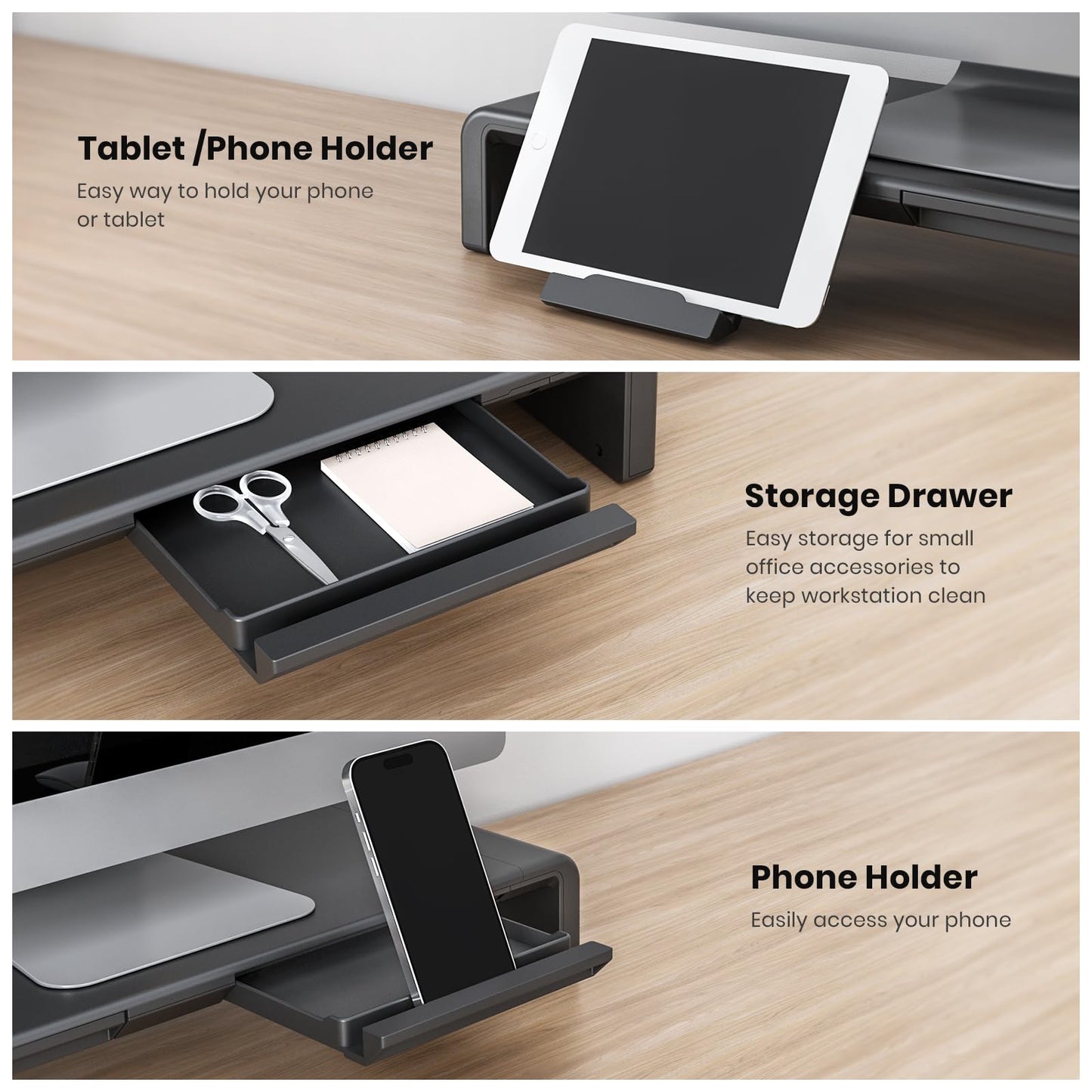 Klearlook Computer Monitor Stand for Desk, Adjustable Foldable Monitor Riser with Storage Drawer &
