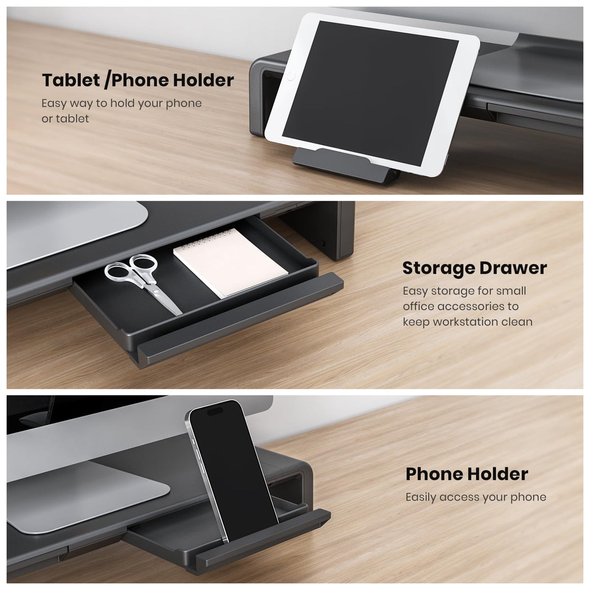 Klearlook Computer Monitor Stand for Desk, Adjustable Foldable Monitor Riser with Storage Drawer &