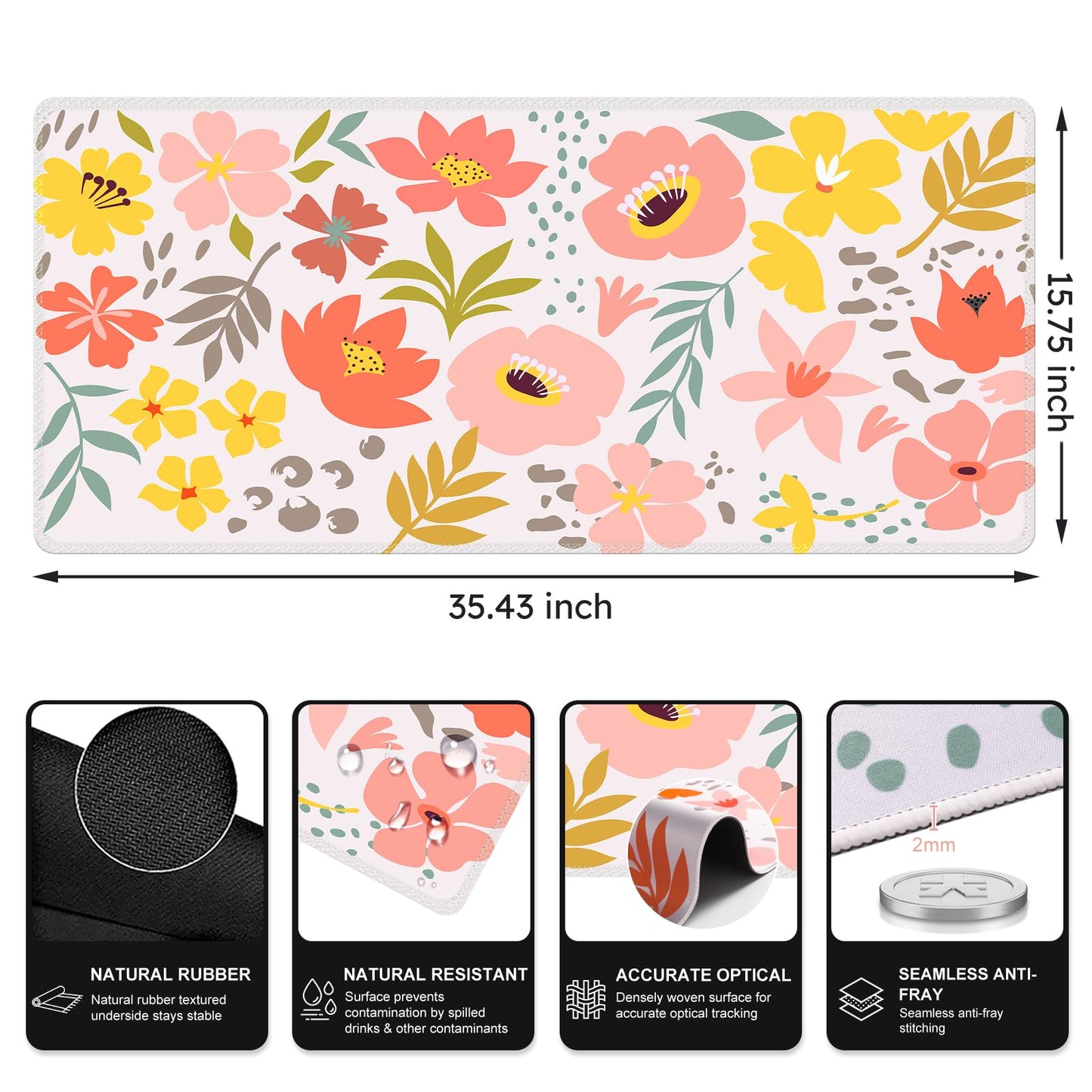 iCasso Desk Matt for Desktop,Cute Desk Pad Mat,Flowers Leaves