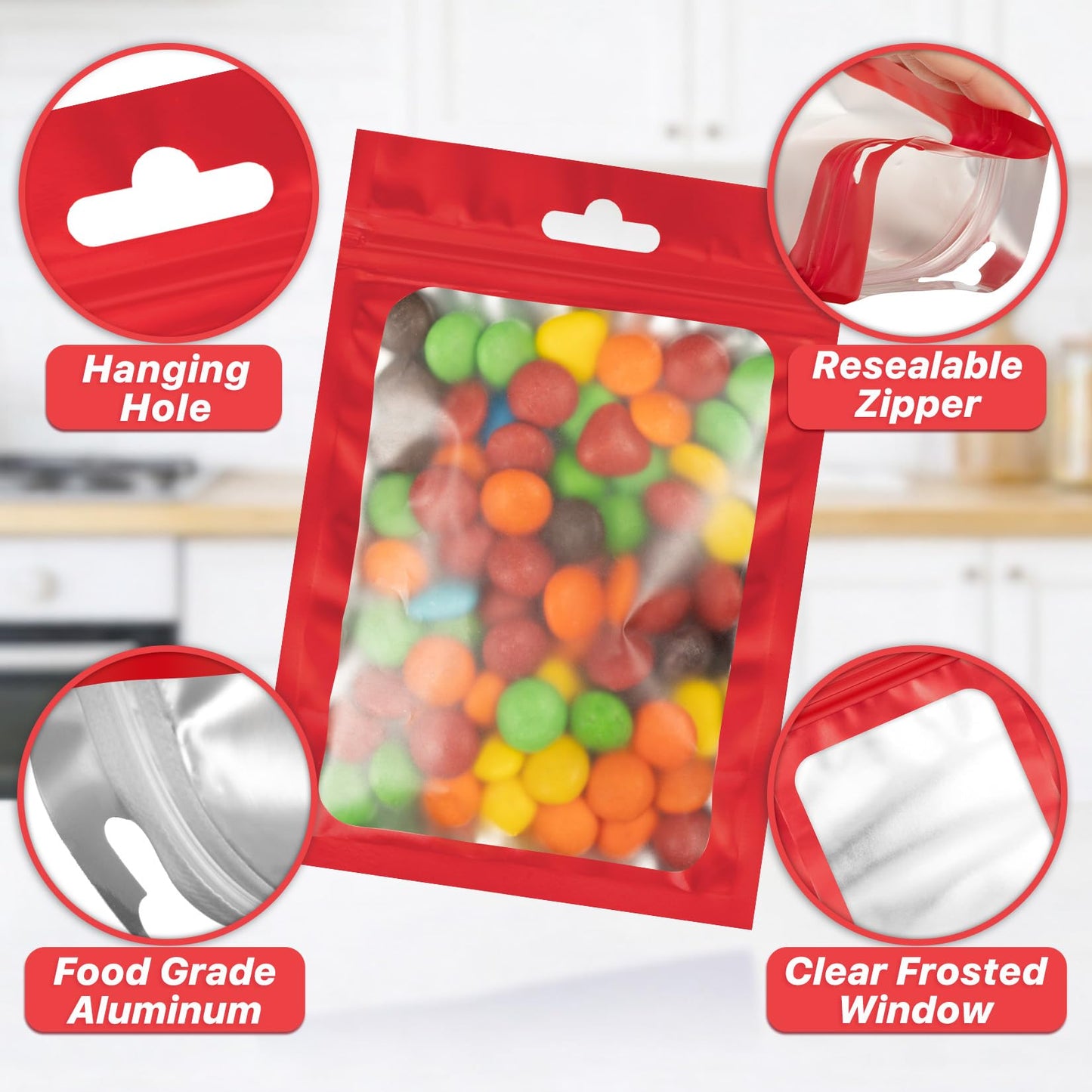 ANZNKU 100Pcs Red Mylar Bags, Resealable Smell Proof Zip Goodie Baggies