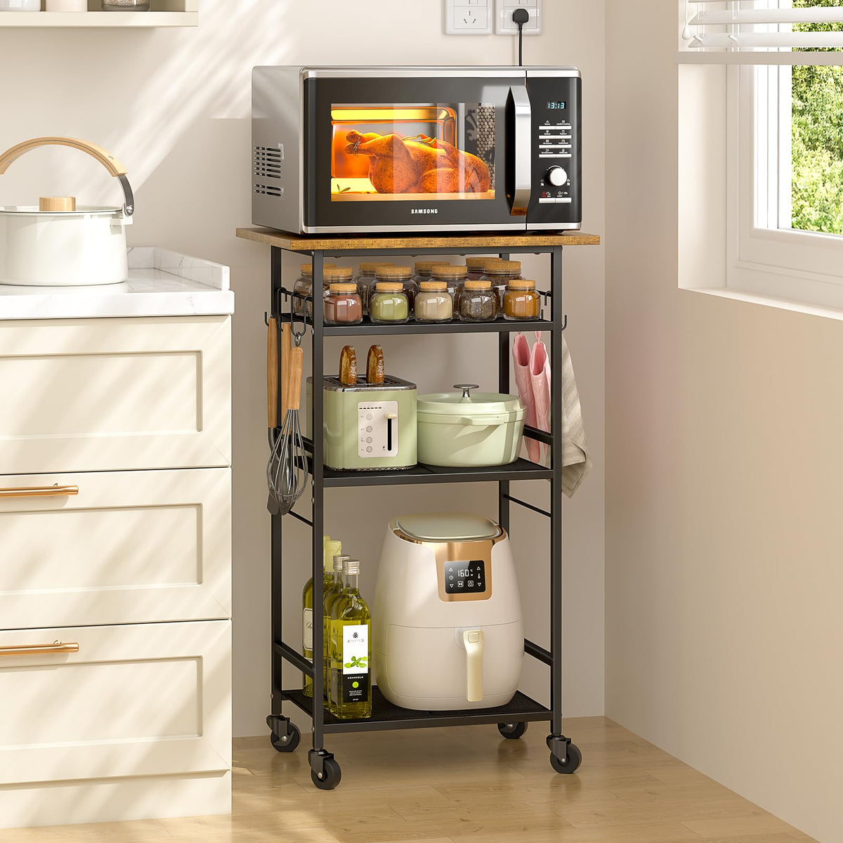 ThreeHio Rolling Kitchen Microwave Cart, 4 Tier Microwave Table Stand with Storage, Kitchen Storage