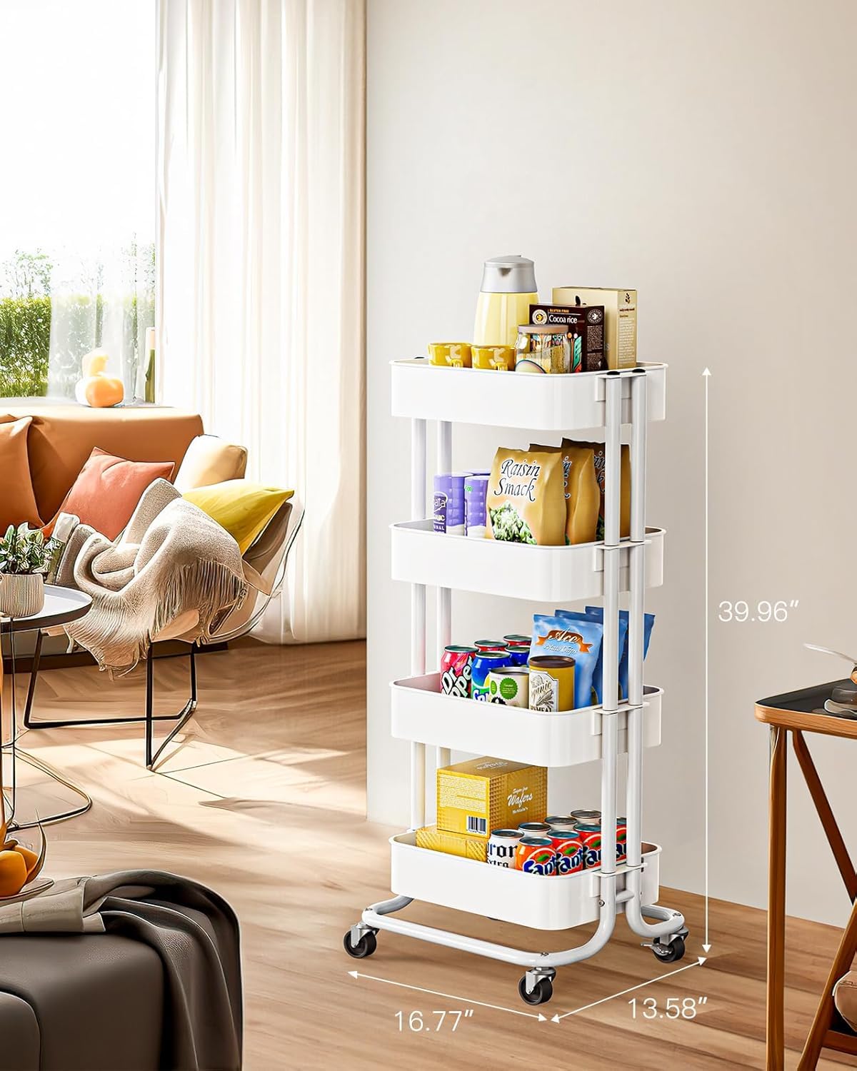 Pipishell 4 Tier Metal Rolling Utility Cart with 2 Lockable Wheels, White