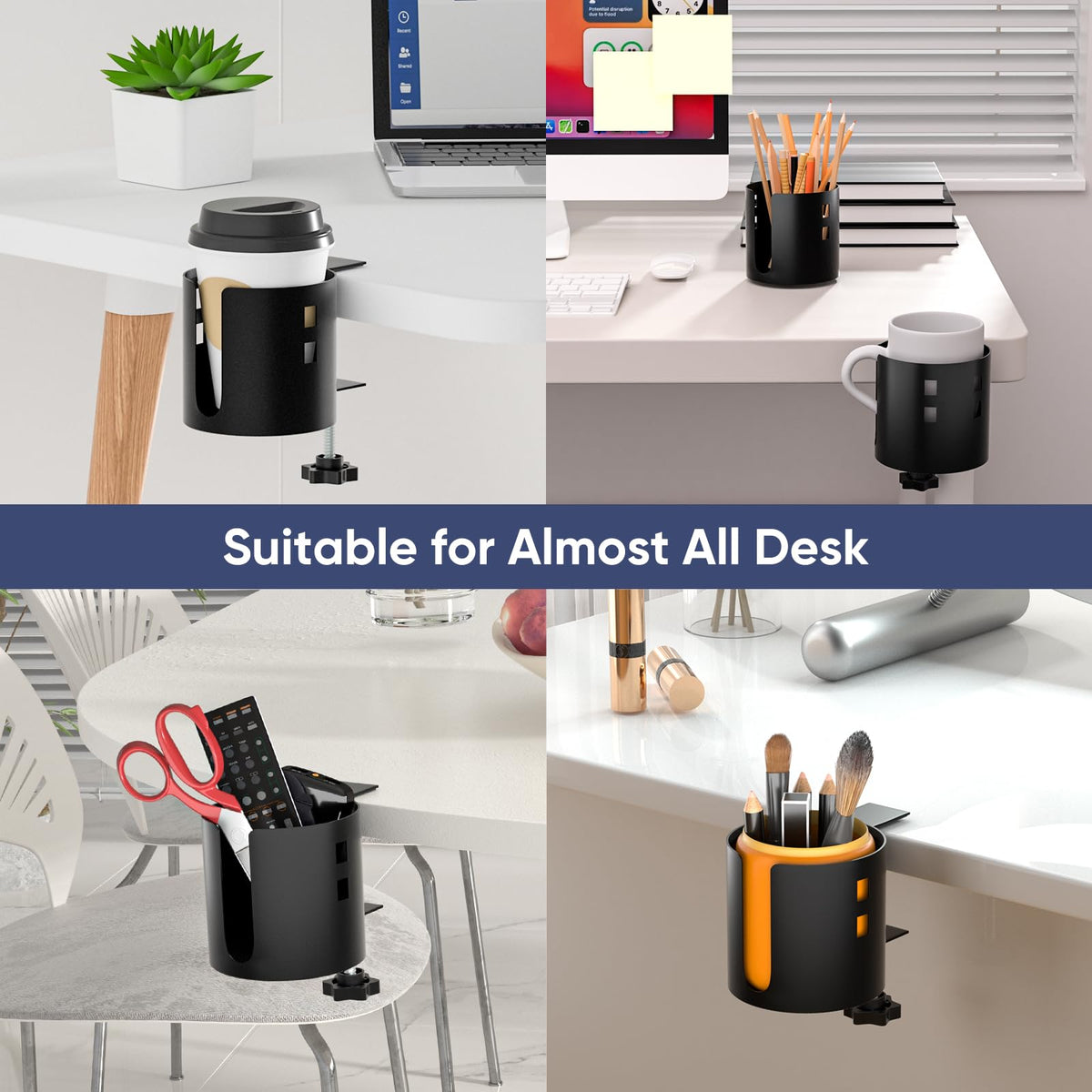 Deeper Anti-Spill Large Desk Cup Holder Clamp,Metal Table Cup Holder(Black)