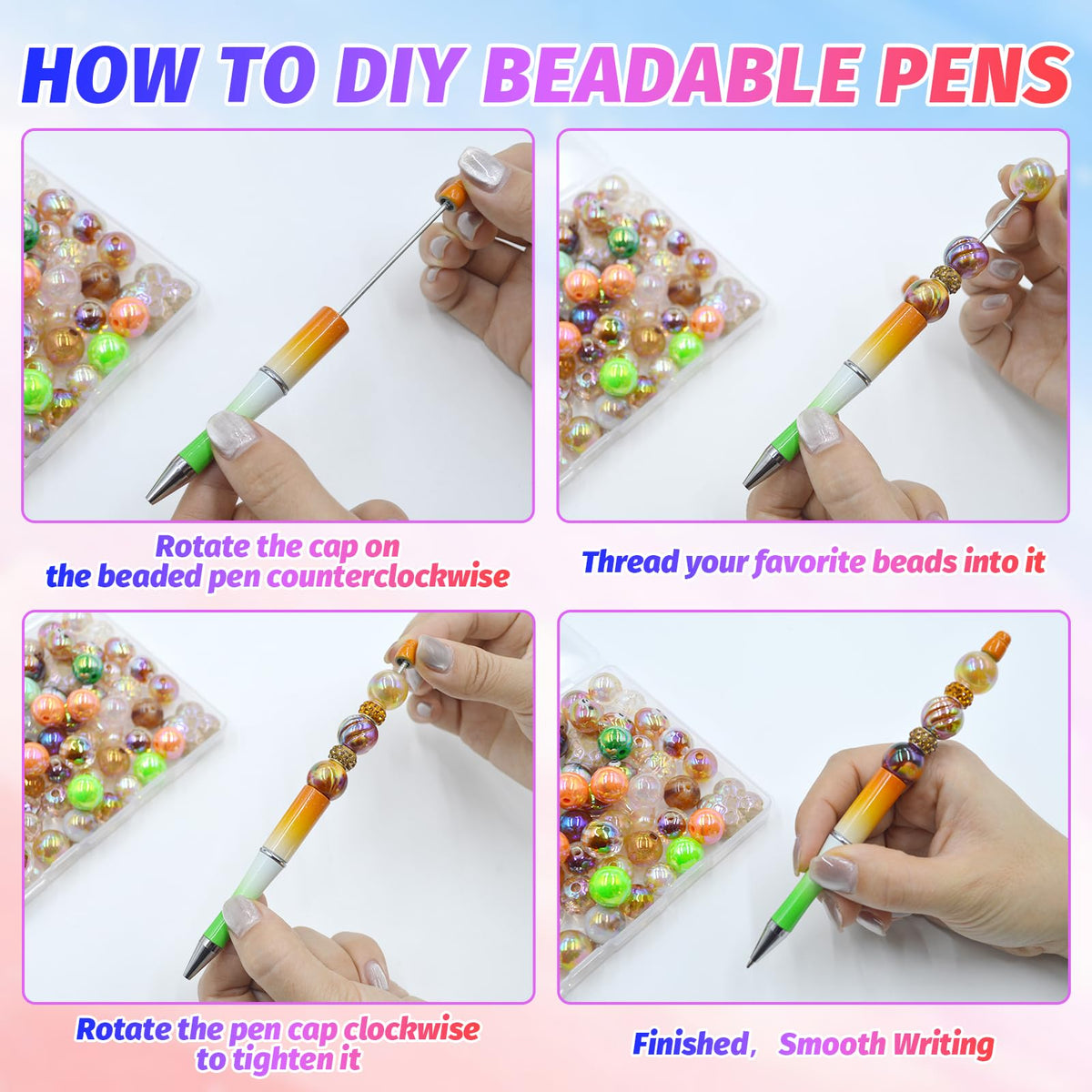 DASTTUIS 150 Pieces DIY Beadable Pens Kit - 50 plastic Beadable Pens Bulk, Refills & pen bags