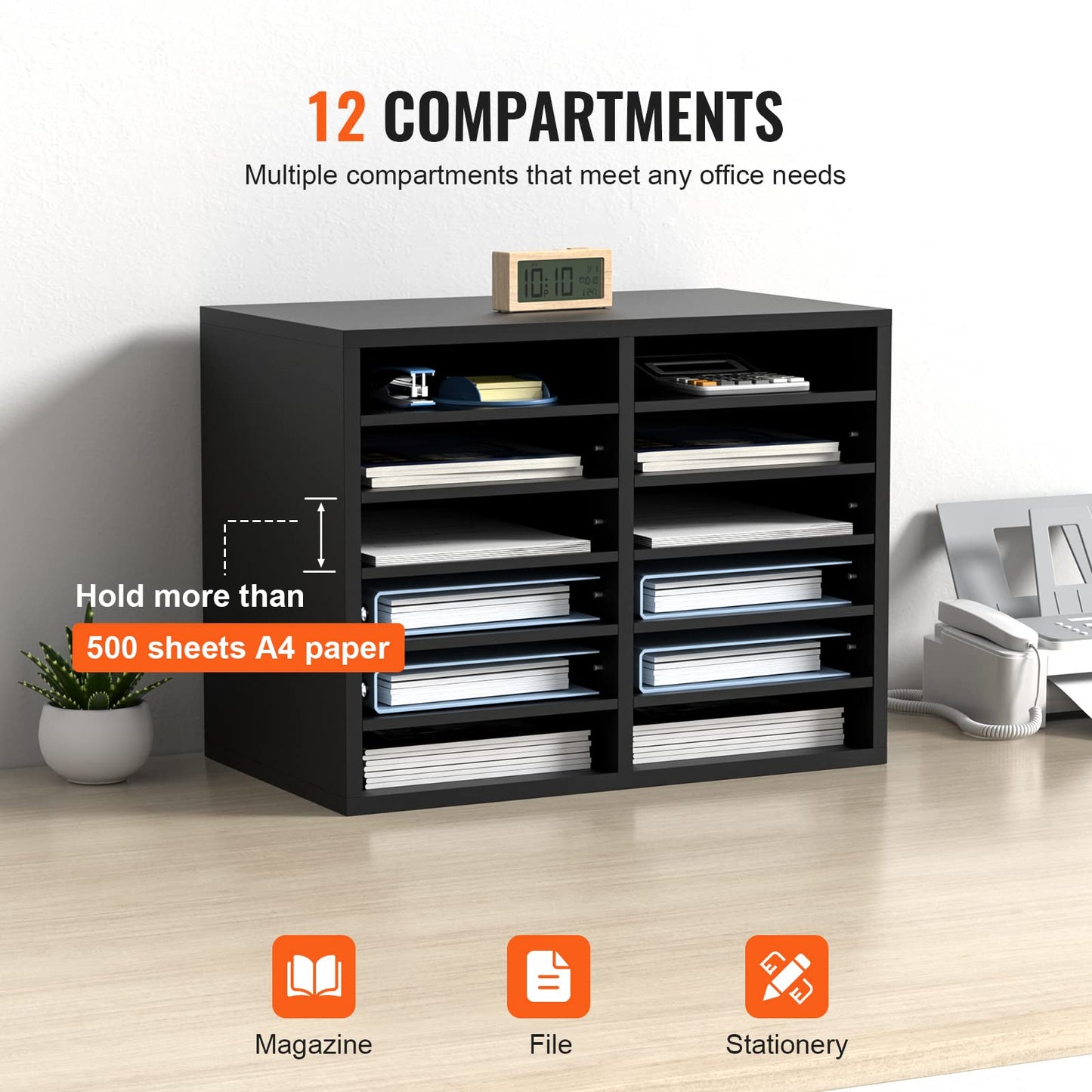 VEVOR Literature Organizers, 12 Compartments Office Mailbox with Adjustable Shelves，Wood Literature