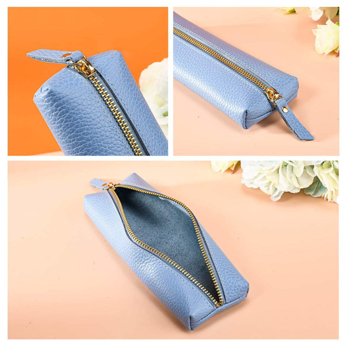 Sluxa Bule pencil pouch, Small makeup bag, Pen organizer for women.