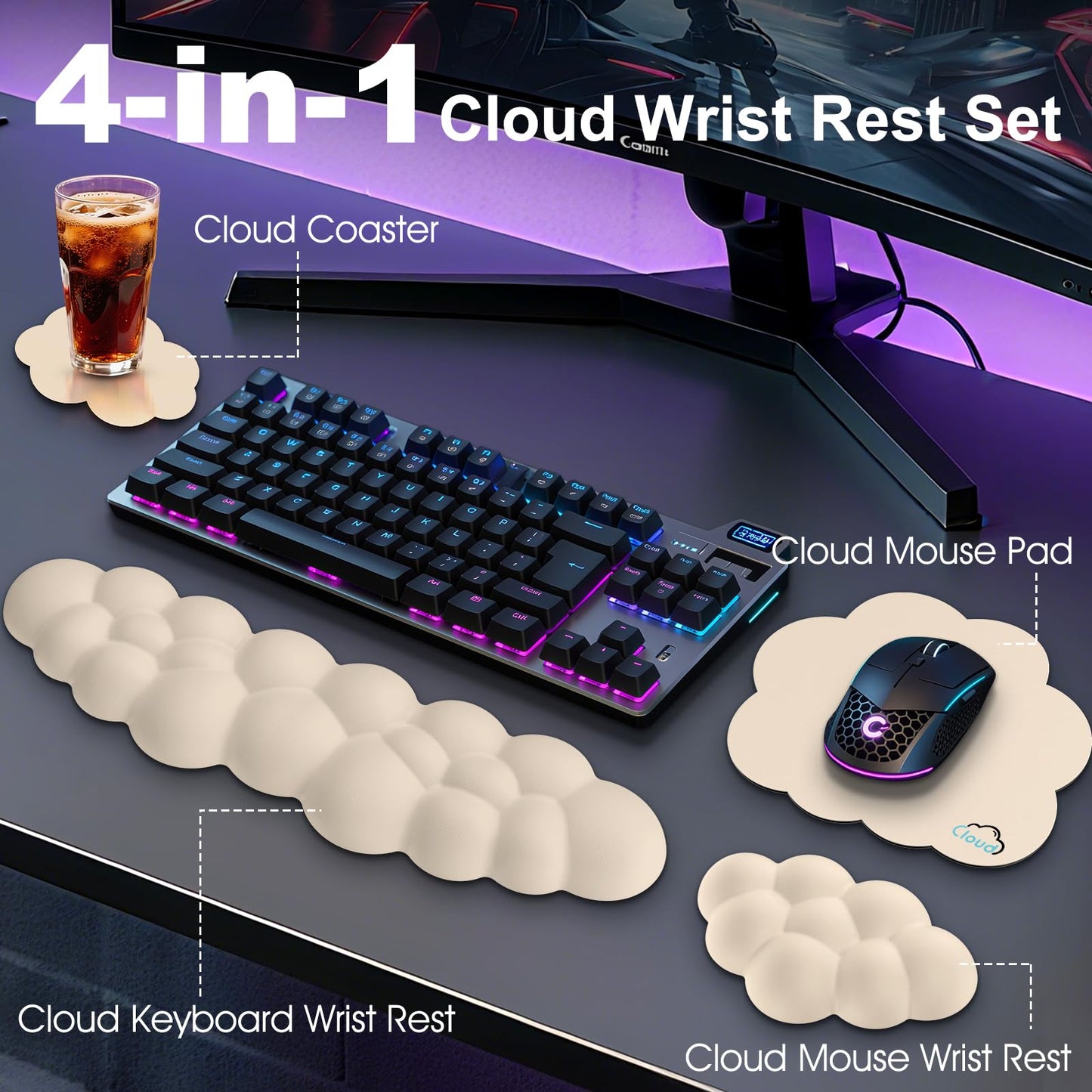 Retuhapy Cloud Wrist Rest Keyboard Cushion and Cloud Mouse Pad, Beige