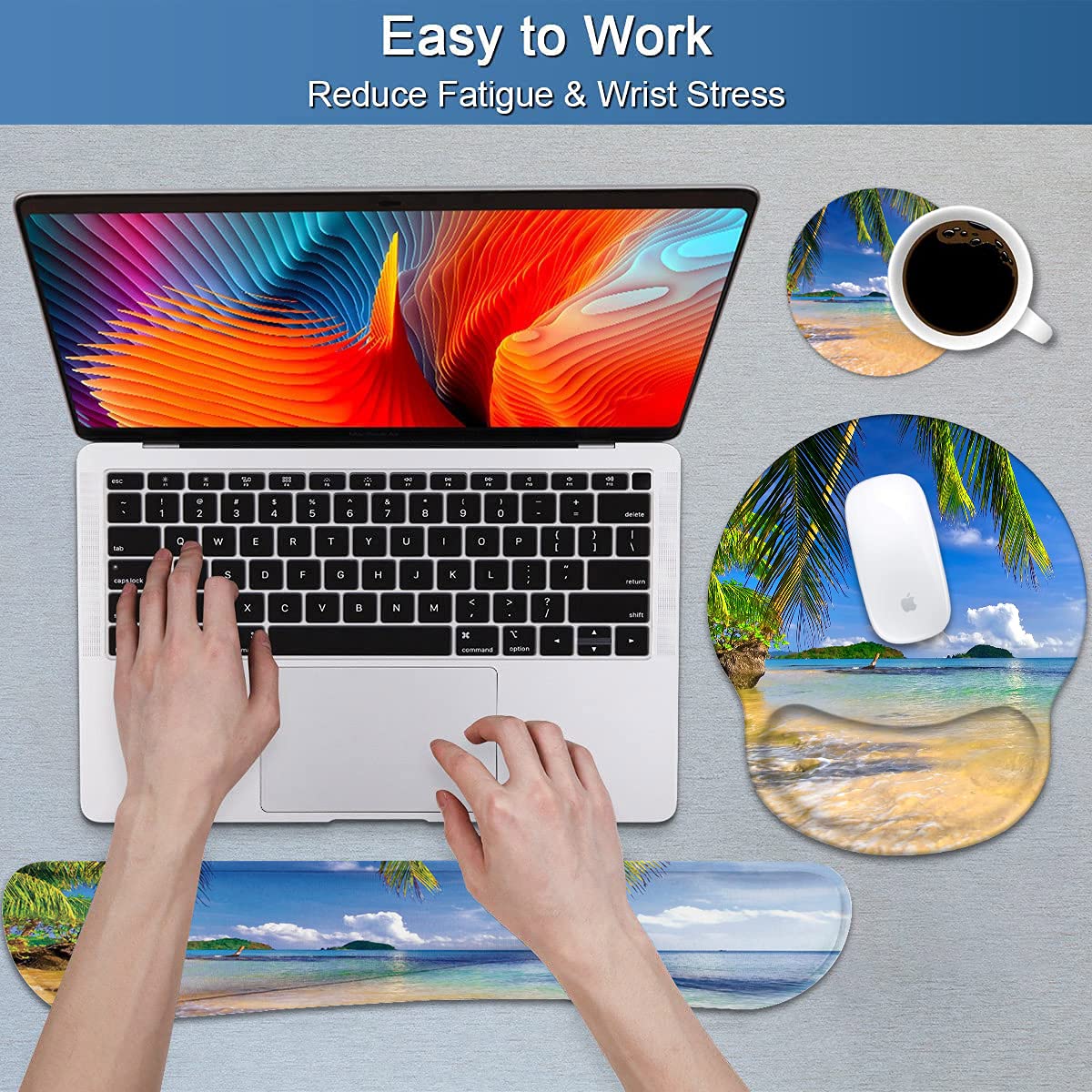 Keyboard Wrist Rest and Mouse Pad Wrist Support Set with Coasters, Non-Slip PU Base Ergonomic