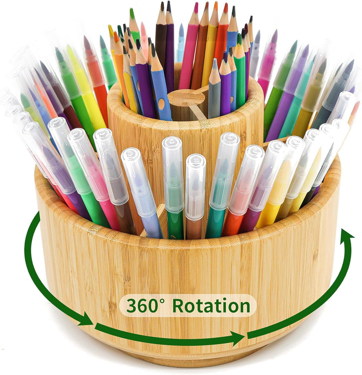 VaeFae 360 Rotating Bamboo Pen Holder for Desk, Art Supply Storage, Medium