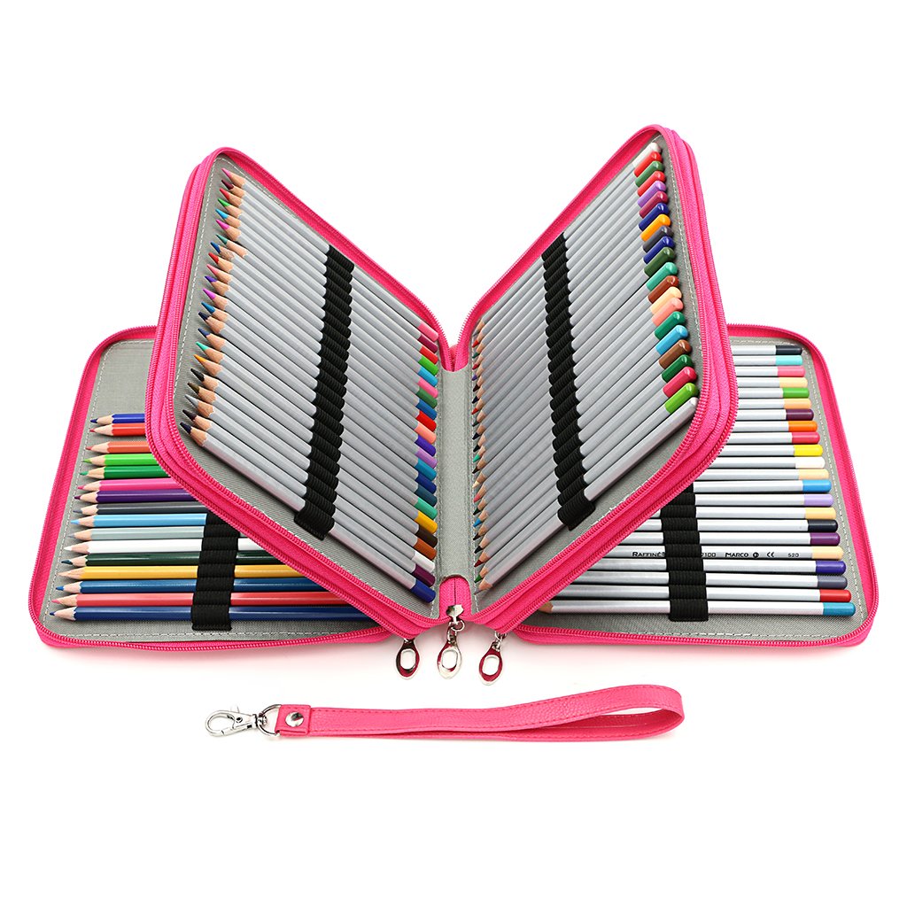 BTSKY Deluxe PU Leather Pencil Case For Colored Pencils - 120 Slot Pencil Holder with Handle Strap
