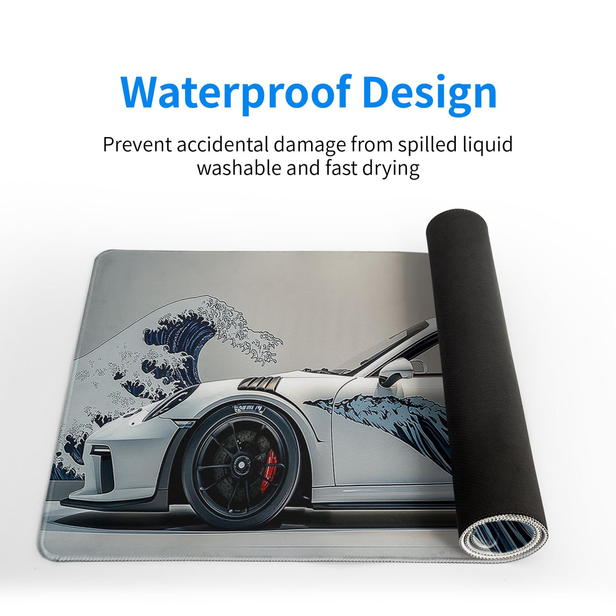 White Ukiyo-e Style Sports Car Large Gaming Mouse Pad Desktop Mat 31.5x11.8 Inch - Non-Slip Rubber