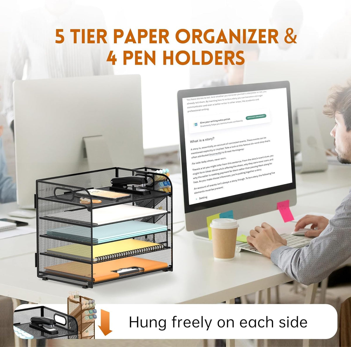 5-Tier Paper Organizer for Desk with Pen Holders, Letter Trays, Black