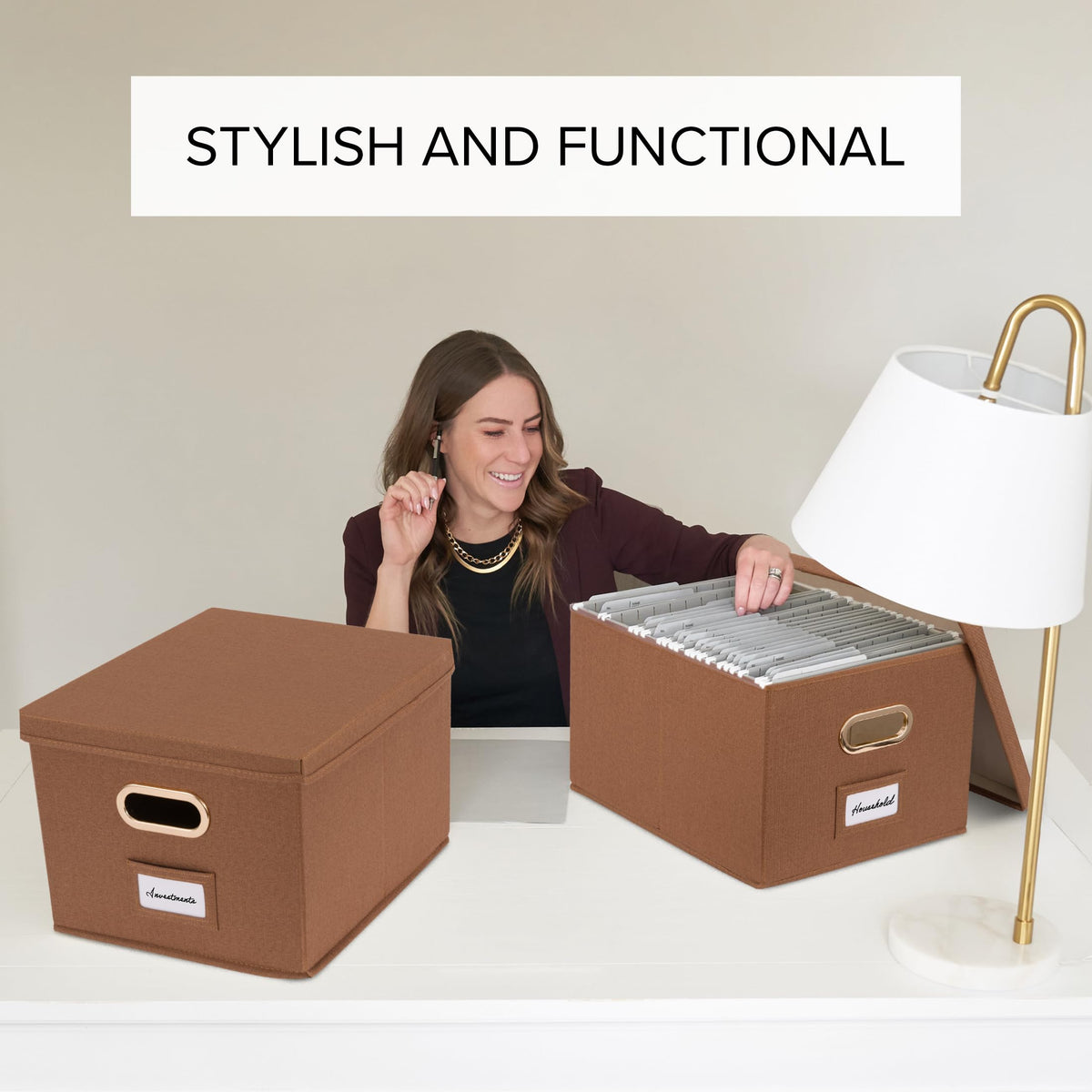 Decorative File Organizer Box Set of 2 - Collapsible Linen Filing Cabinets