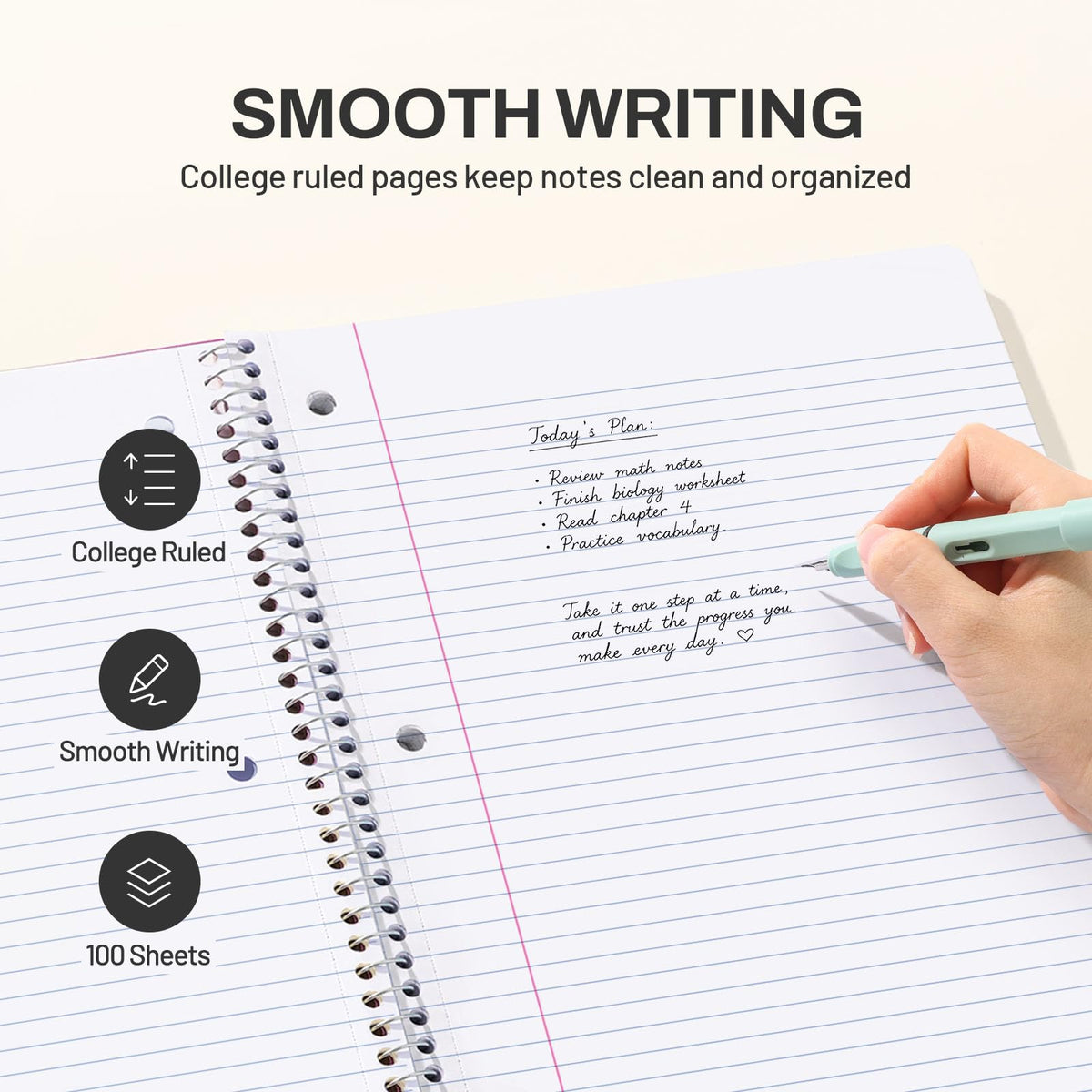SUNEE Spiral Notebook, 1-Subject, College Ruled Paper, 8" x 10-1/2", 100 Sheets per Notebook