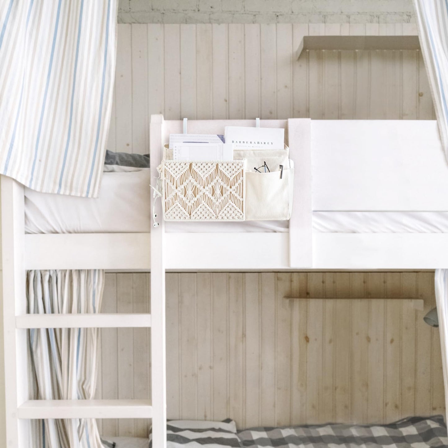 Mkono Bedside Caddy, Macrame Hanging Organizer, 4 Pockets Ivory Metal Hooks