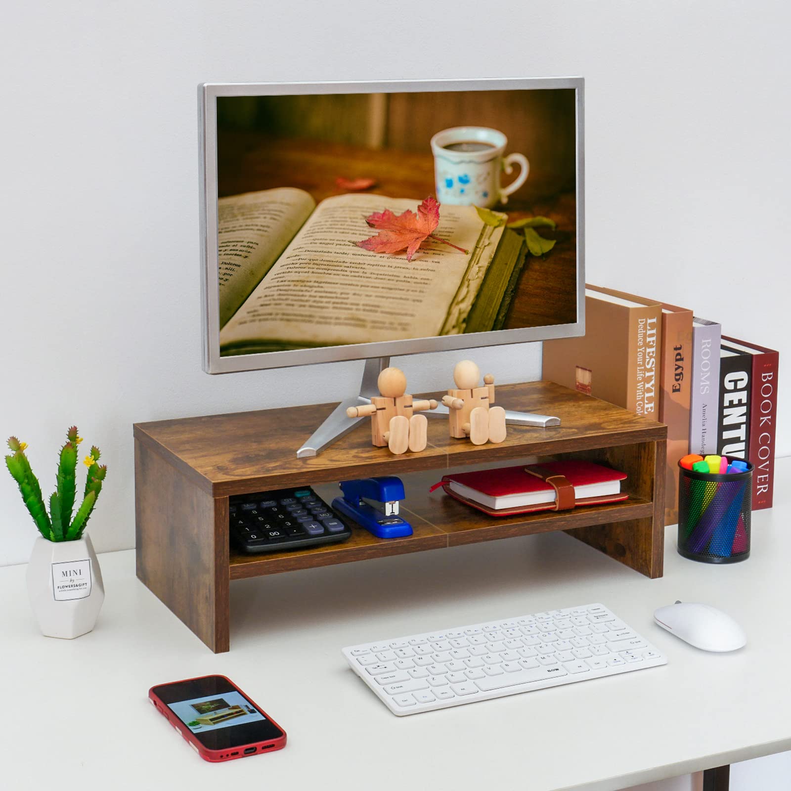 TEAMIX 20 inch Monitor Riser Stand - 2 Tiers, Wood Rustic Desktop Bookshelf
