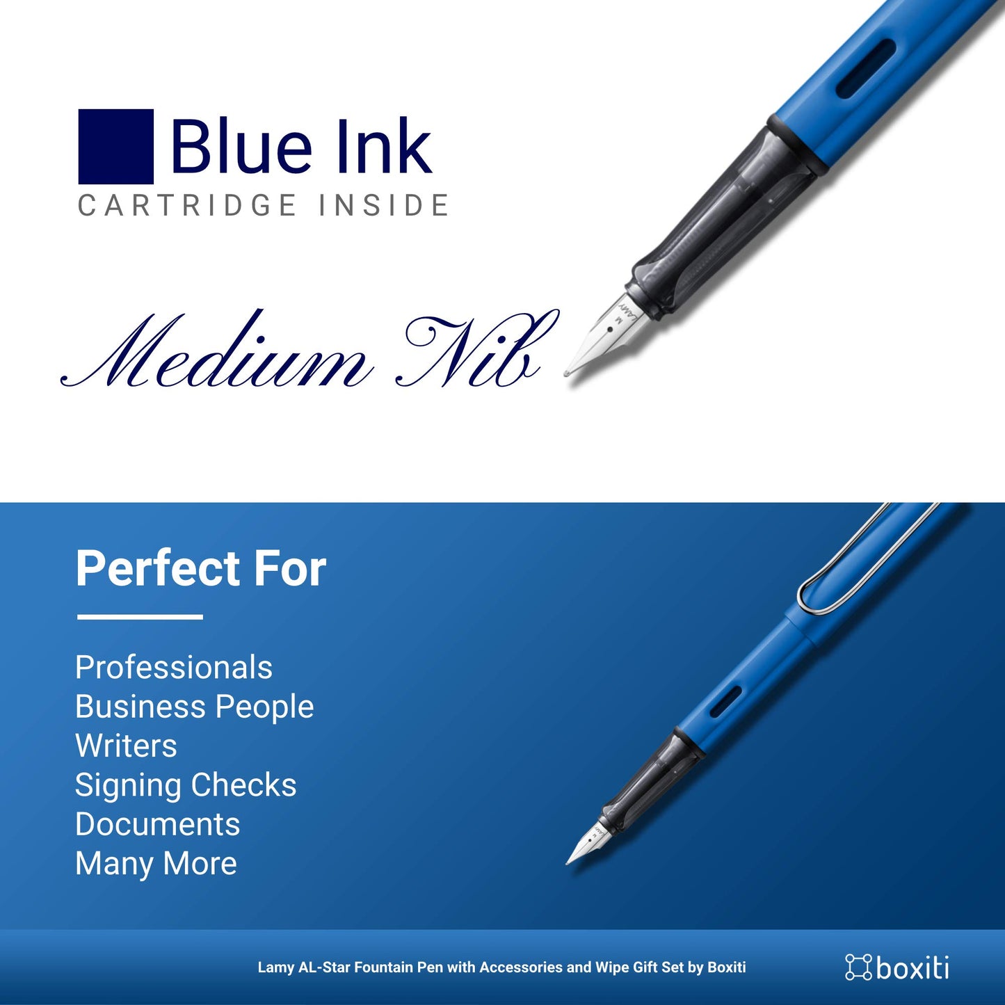 Lamy AL- Star Pen | Ocean Blue | Medium Nib | 5 Black Ink Cartridges, Z28 Converter and Wipe
