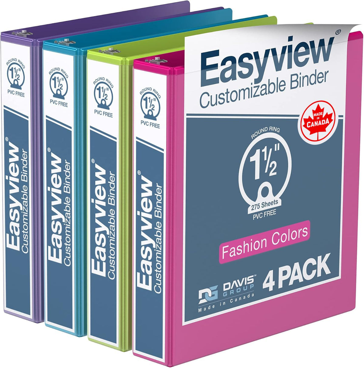 Easyview 3-Ring Binder, 1.5" Round Rings, Fashion Colors, 4 Pack