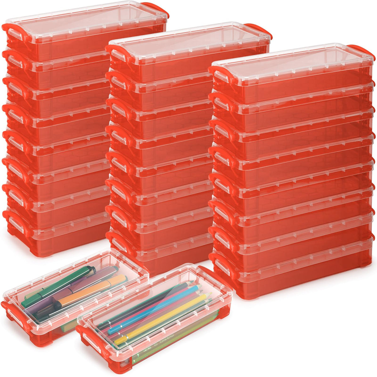 Gueevin 24 Pcs Pencil Box Clear Plastic Pencil Case, Red