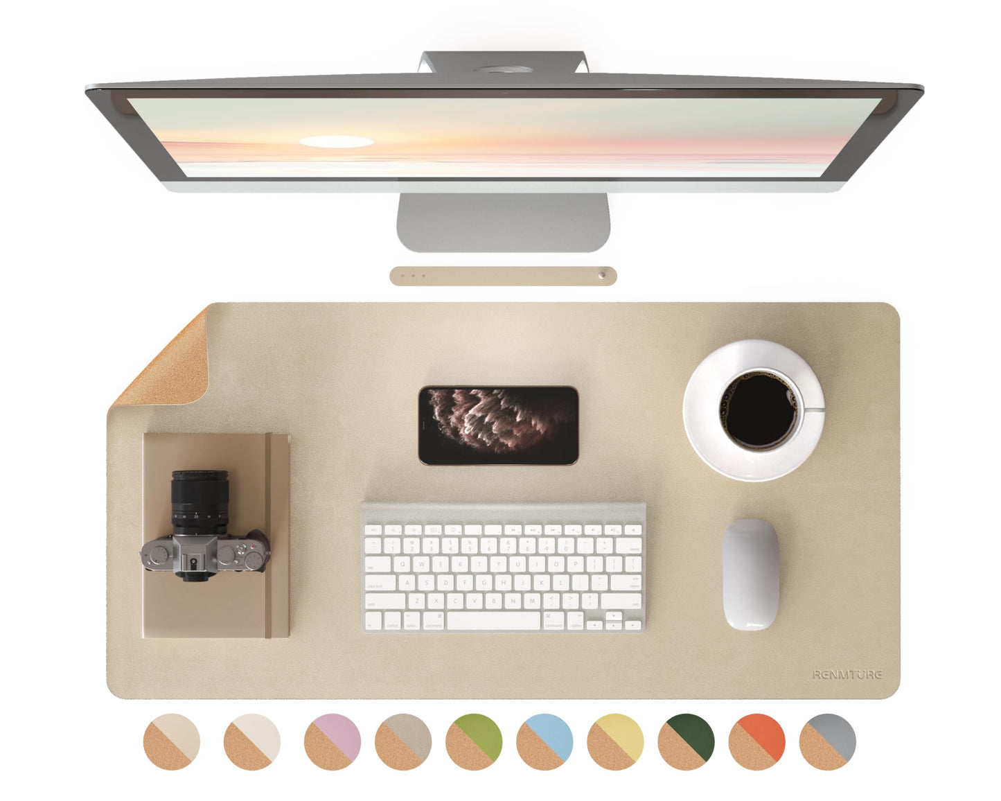 RENMTURE Desk Pad, Cork & PU Leather Desk Mat, Large Mouse pad, Non-Slip Desk Protector and