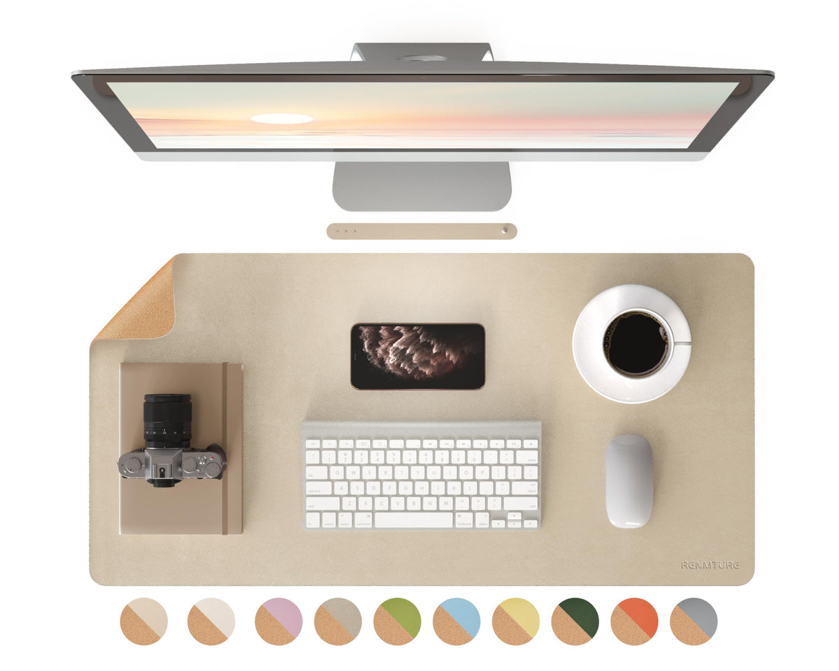 RENMTURE Desk Pad, Cork & PU Leather Desk Mat, Large Mouse pad, Non-Slip Desk Protector and