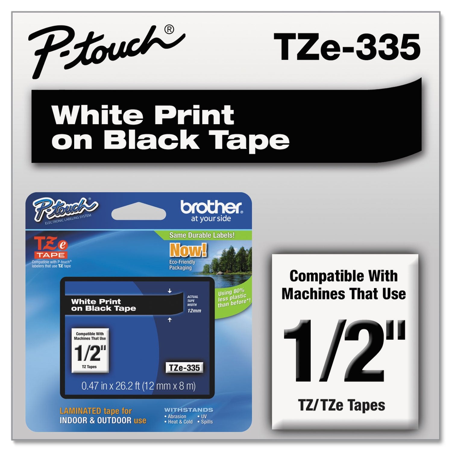 Brother International TZe335 P-Touch ~1/2" (0.47") White on Black Standard Laminated Tape - 26.2