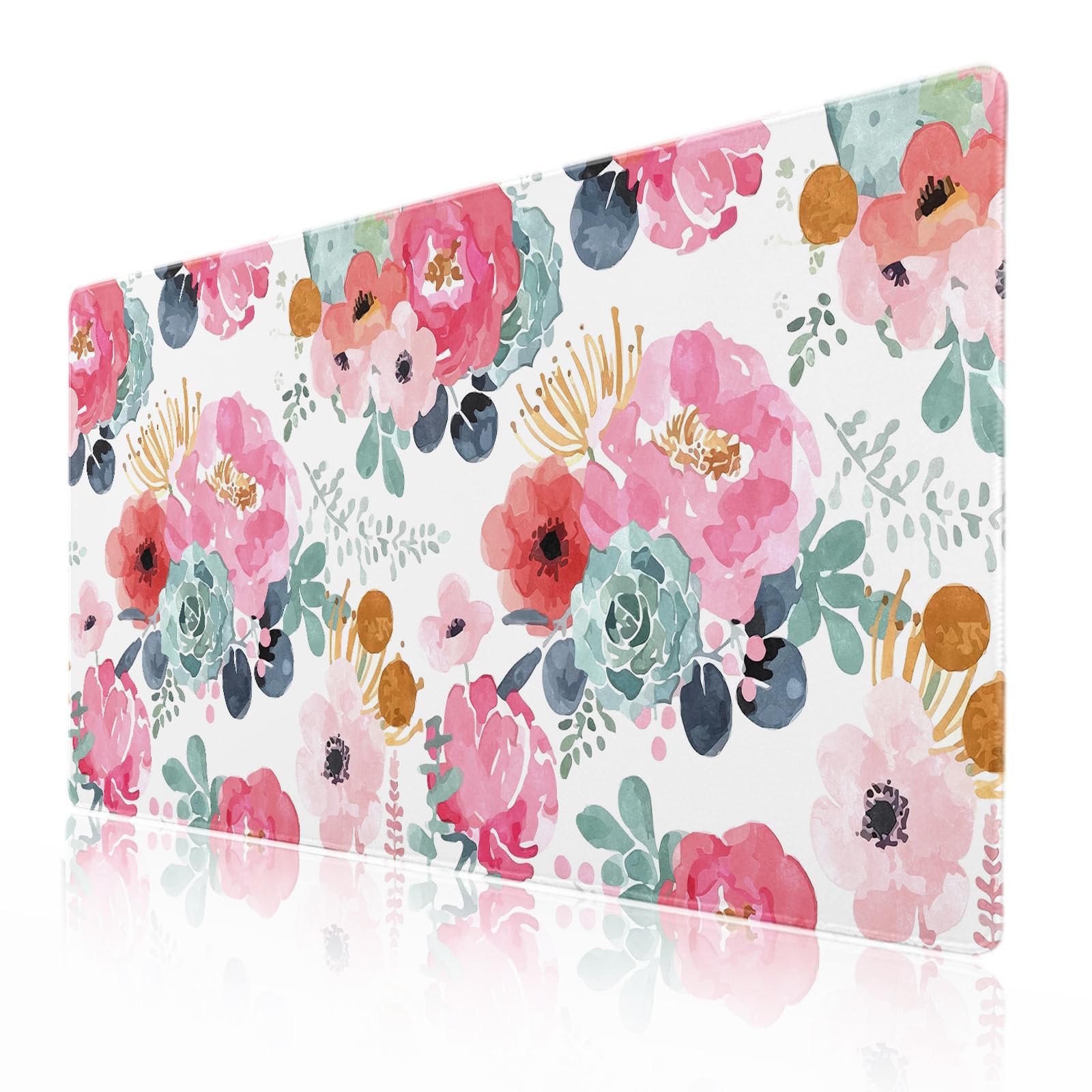 Pink Green Flowers Gaming Mouse Pad XXL Cute Watercolor Floral Pretty Extended Desk Pad Trendy