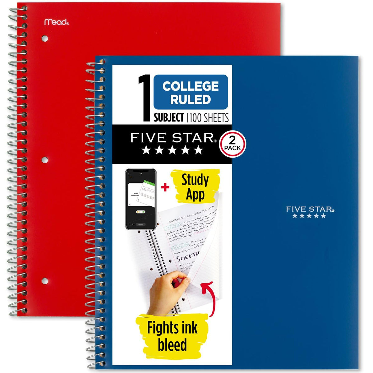 Five Star Spiral Notebook + Study App, 2 Pack, 1 Subject, College Ruled Paper, 100 Sheets, 8-1/2" x