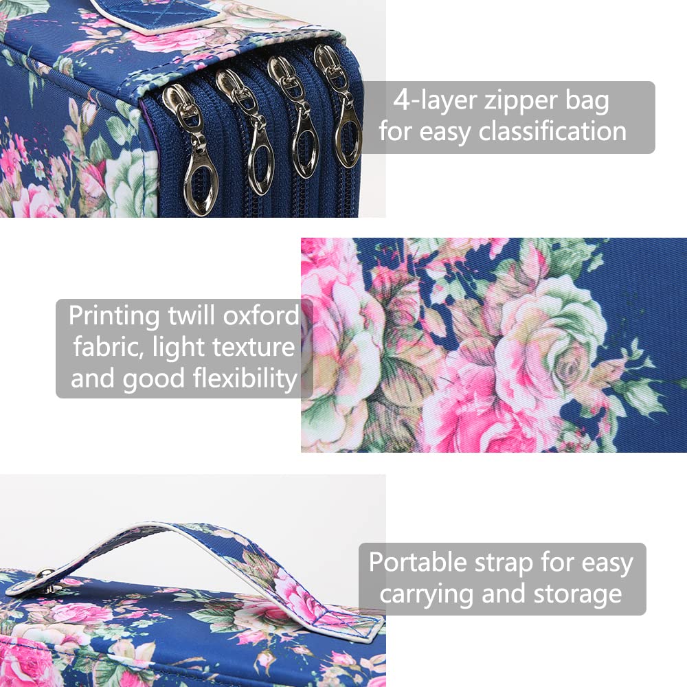 Vomgomfom 200 Slots Pencil Case 4-Layer PU Leather, Handle, Blue Rose