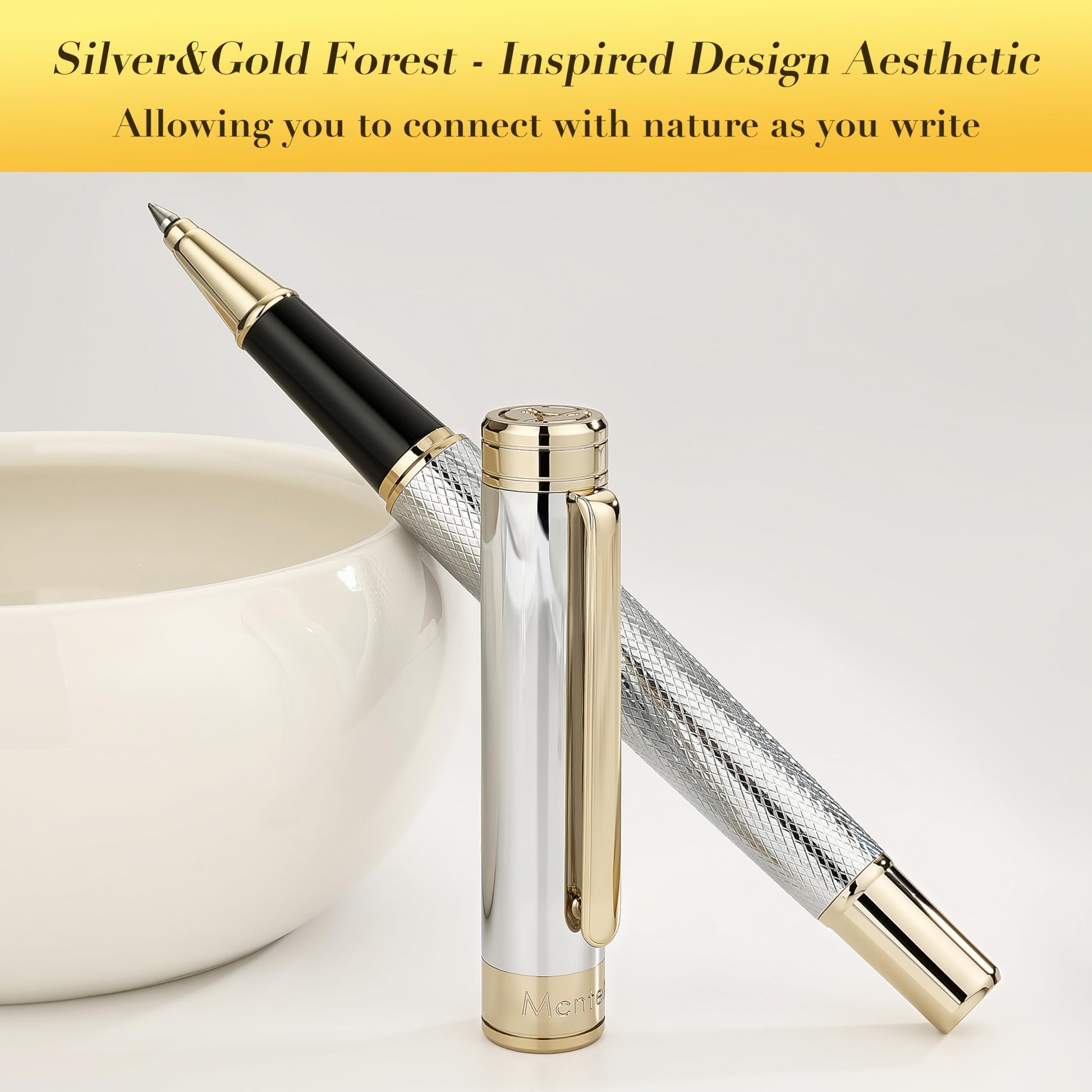 MCNTEIK Silver Chrome Rollerball Pen, Stunning Luxury Pen with Mesh Texture Design、Silver Chrome