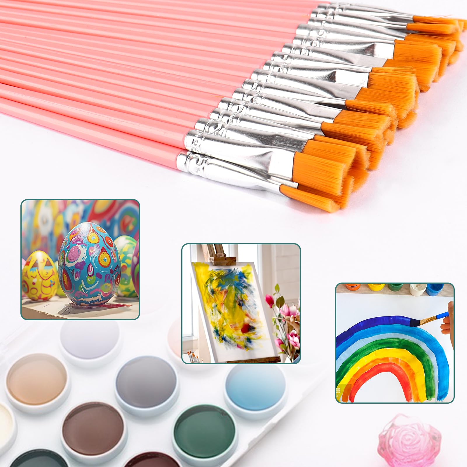 200Pcs Paint Brushes for Acrylics Painting, Flat Paint Brush Bulk, Pink