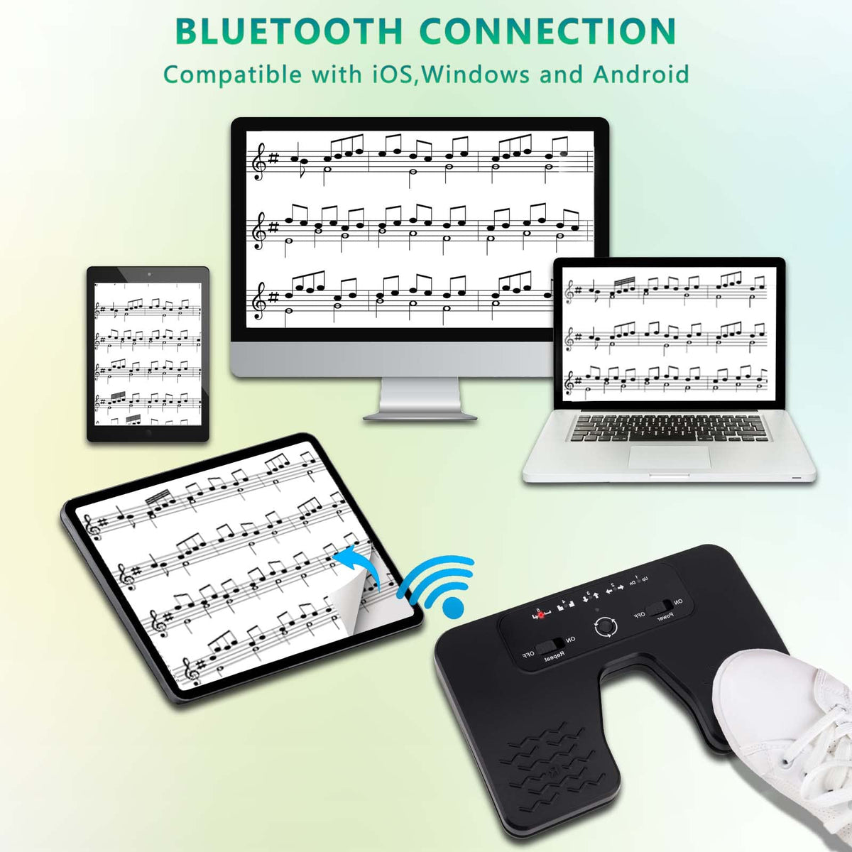 Yueyinpu Wireless Foot Pedal Double Switch Music Page Turner for Tablets Smartphones Rechargeable