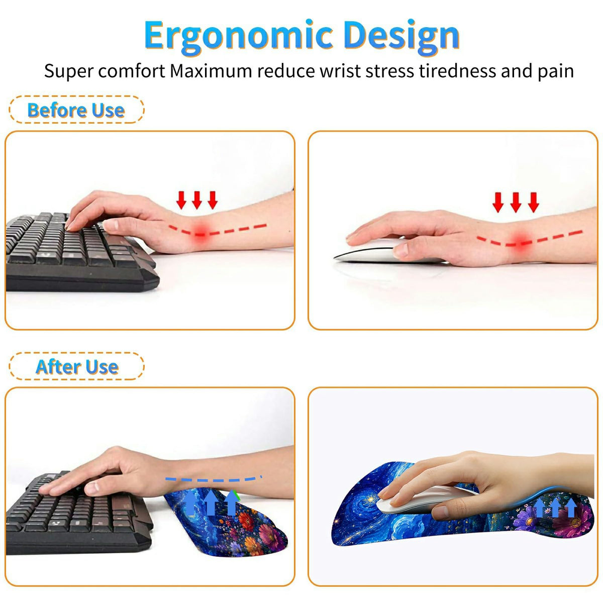3-in-1 Ergonomic Memory Foam Keyboard Wrist Rest Pad Set, Galaxy Cat