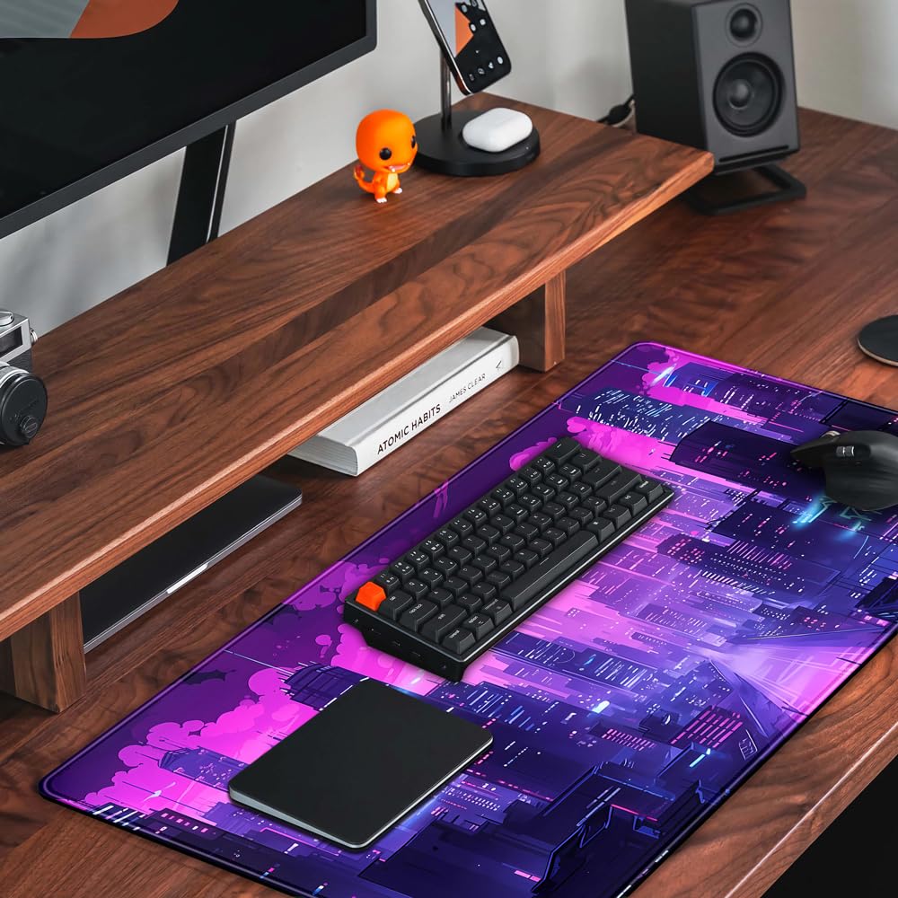 Cyberpunk Neon Purple City Gaming Desk Mouse Pad XL Pink Extended Mouse Pad Gaming, Keyboard Pc