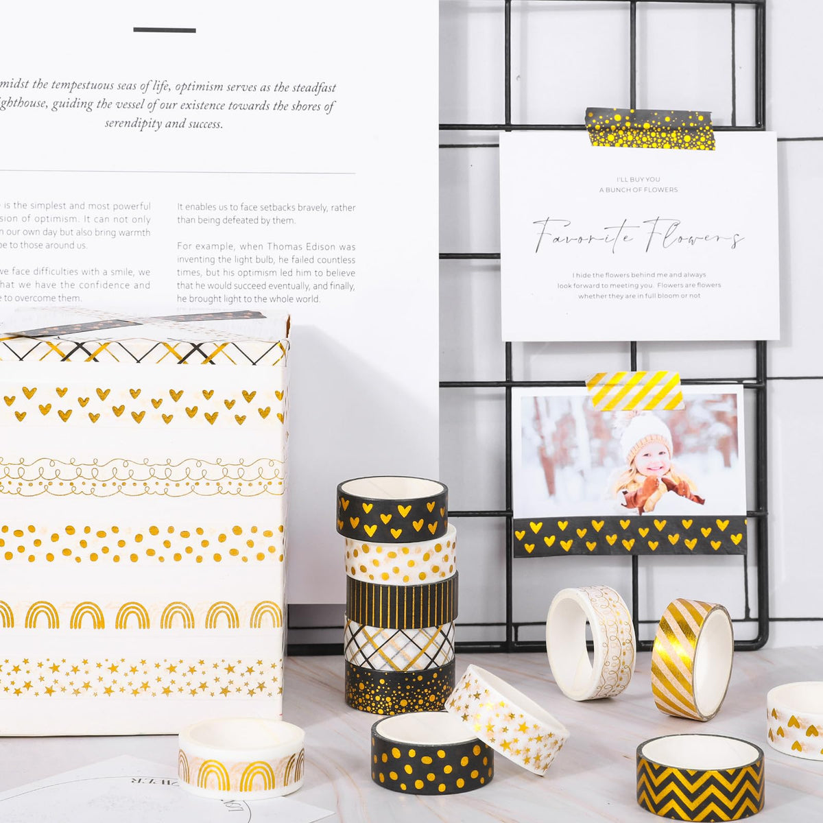 Whaline 12 Rolls Gold Foil Pattern Washi Tape Heart Dot Stripe Rainbow Masking Tape Set Decorative