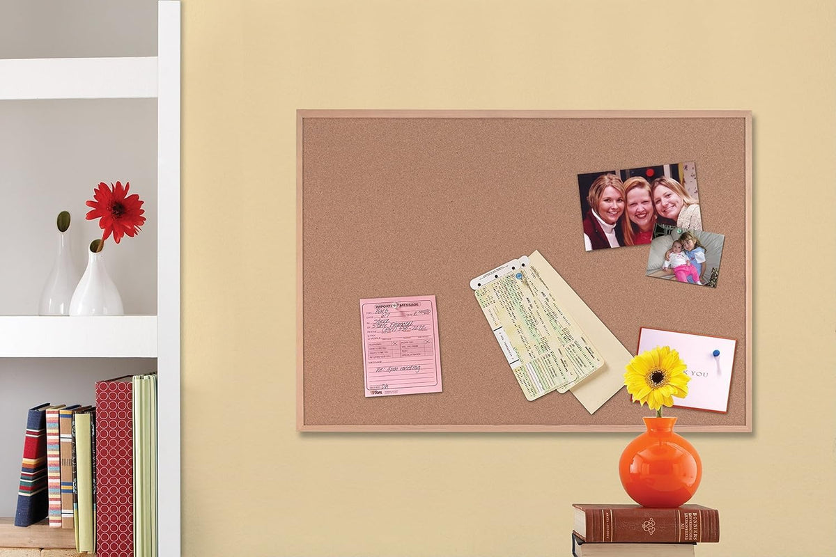 Quartet 35-380342Q Corkboard, Framed Bulletin Board, 17" x 23" Cork Board, Oak Finish Frame, Brown