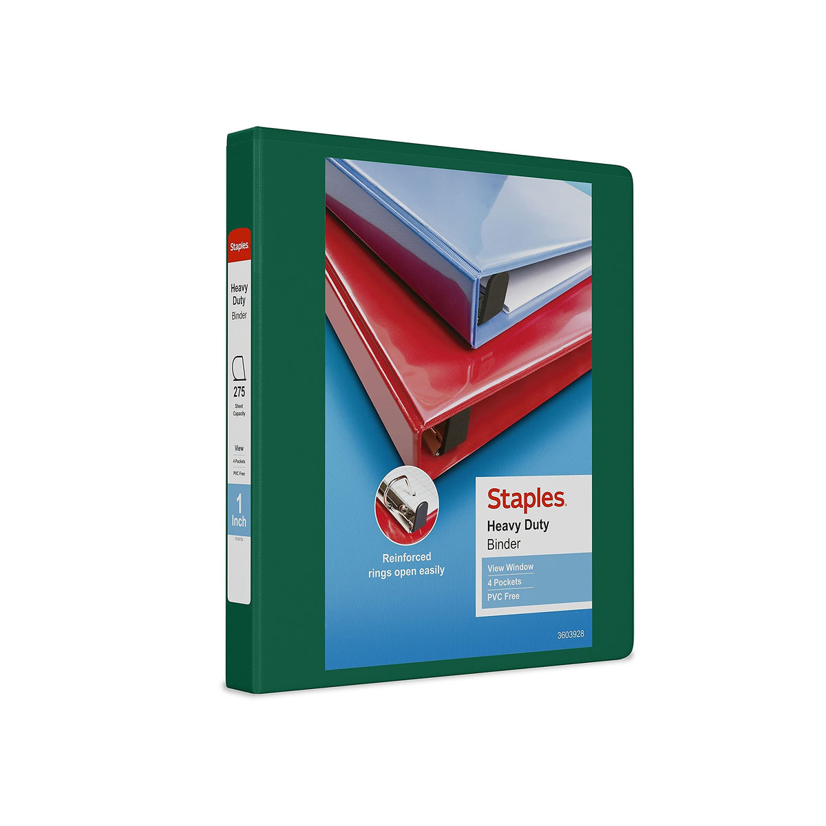 Staples Heavy-Duty 1-Inch 3-Ring View Binder, Dark Green, 3-Pack