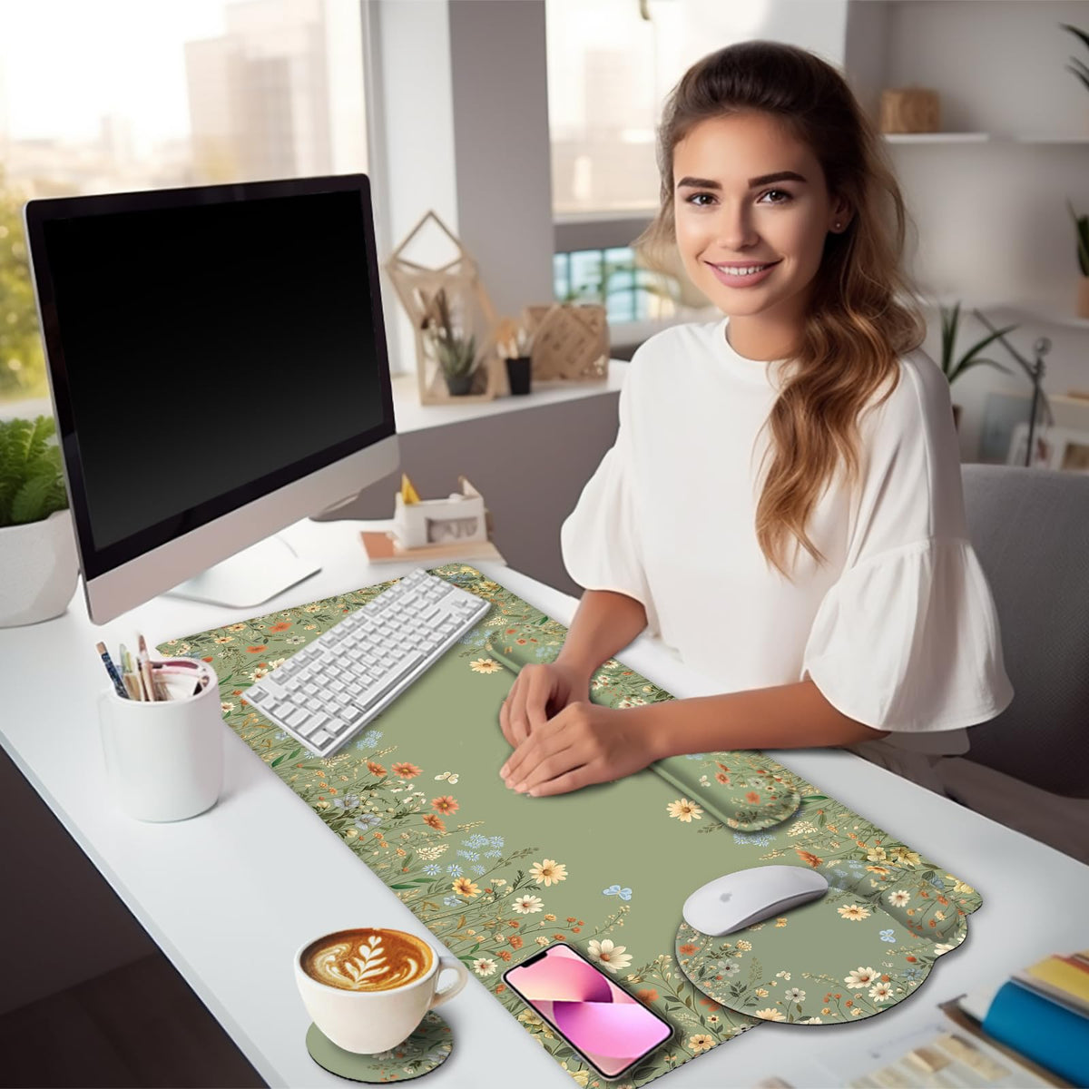 LIMKRIAN Floral Desk Mat Set, Cute Green Desk Accessories Gifts for Women