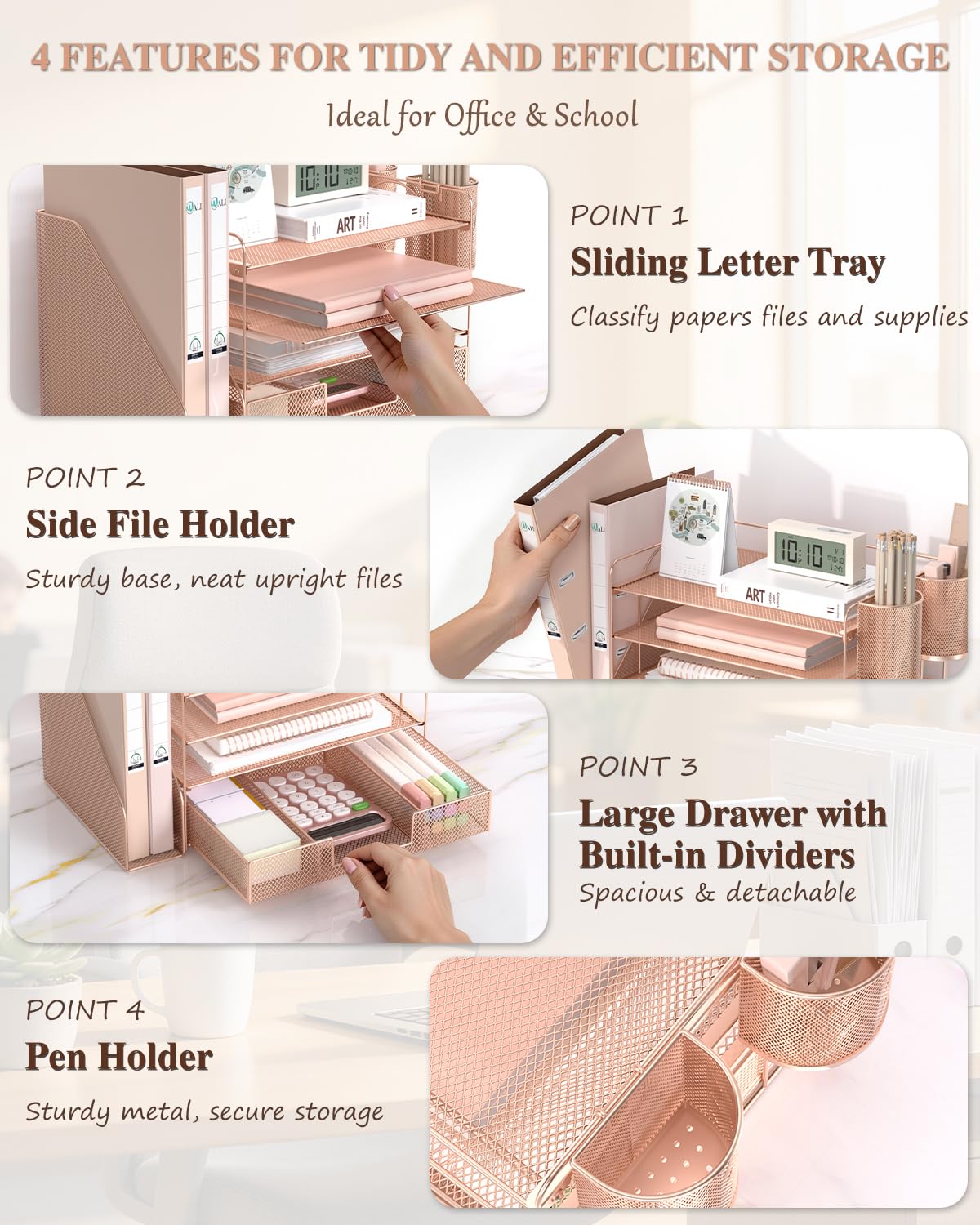 WALI Desk File Organizer, 4 Tier Desktop Paper Letter Tray Organizer with Drawer and 2 Pen Holders