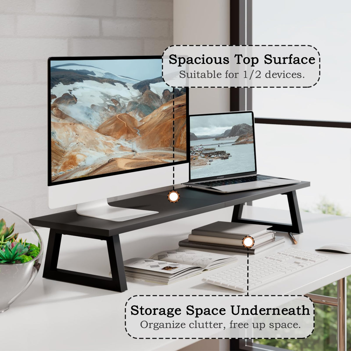 TEAMIX 31.5 inch Dual Monitor Stand Riser, TV Riser, Black Desk Organizer