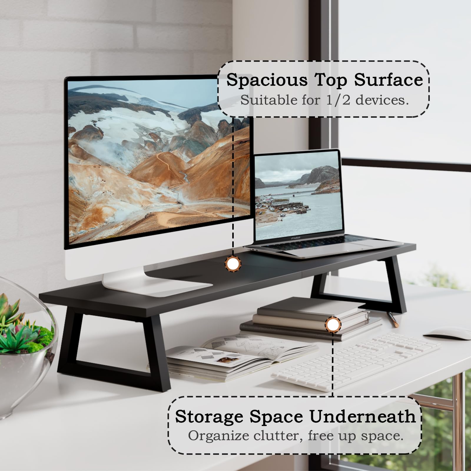 TEAMIX 31.5 inch Dual Monitor Stand Riser, TV Riser, Black Desk Organizer