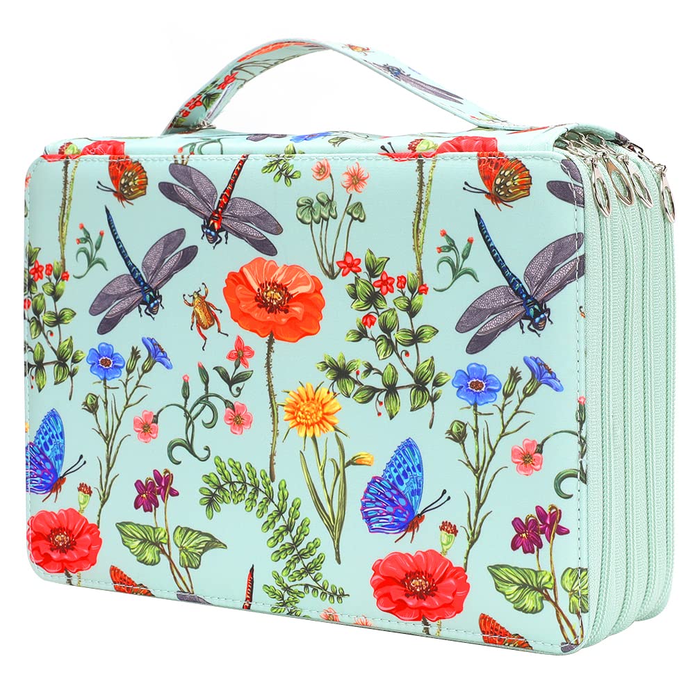 Vomgomfom 200 Slots Pencil Case 4-Layer PU Leather, Handle, Green