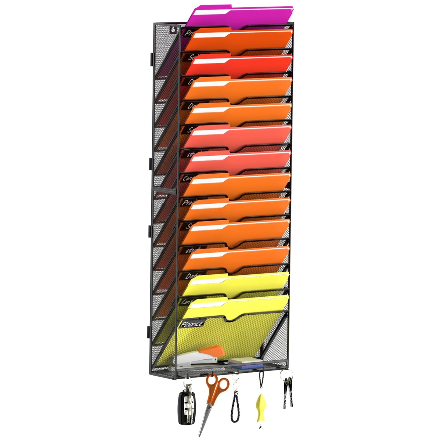 14-Tier Wall File Organizer with Base and Hooks, Hanging Organizer, Black