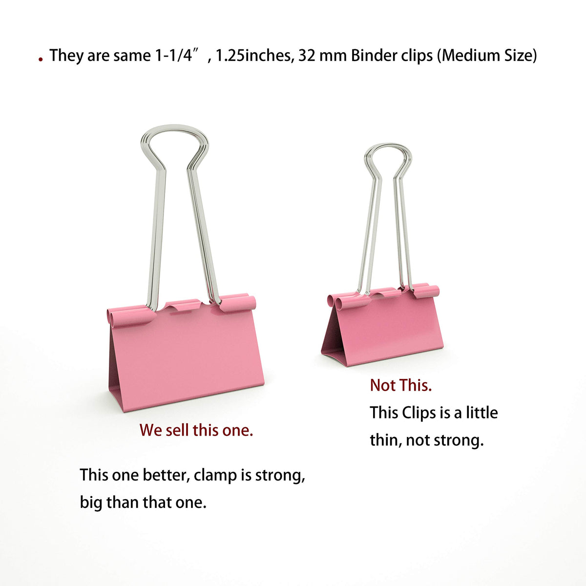 Nctinystore Binder Clips Medium Metal Clamp 1.25 inch / 32 mm (Pink, 24-PCS)