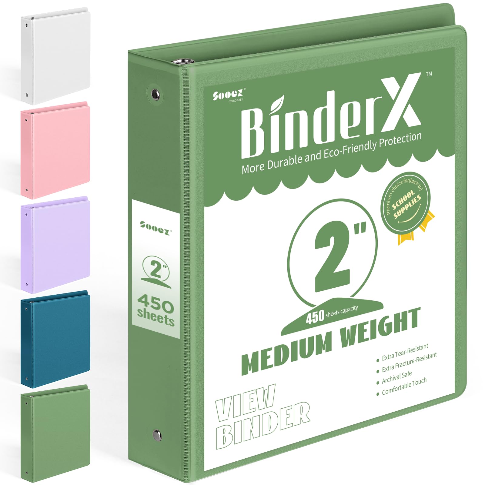 BinderX 3 Ring Binder 2 Inch, 2" Clear View Binder, Olive Green, Letter /A4